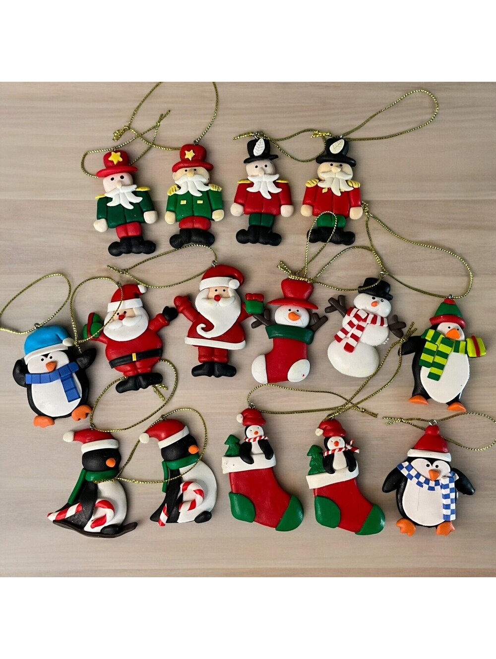 Lot of 15 Polymer Clay Dough Christmas Tree Ornaments Santa Penguin Snowman Vtg